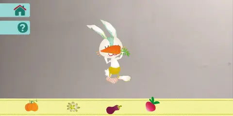 Lilliputiens app: The rabbit level. The correct has been fed to the rabbit and it is smelling it with a smile.