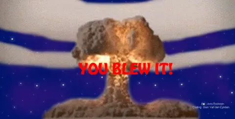 Space Bears: The game over screen. The bears have crashed into each other and a nuke is shown.