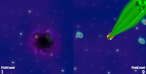 Space Bears: On bear going into a black hole, the other one vomiting from eating too much fish